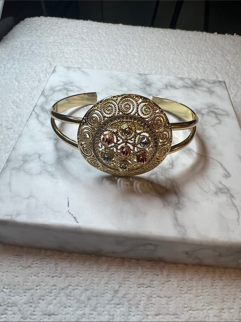 Gold-Tone Filigree Cuff Bracelet with Multi-Tone Accents